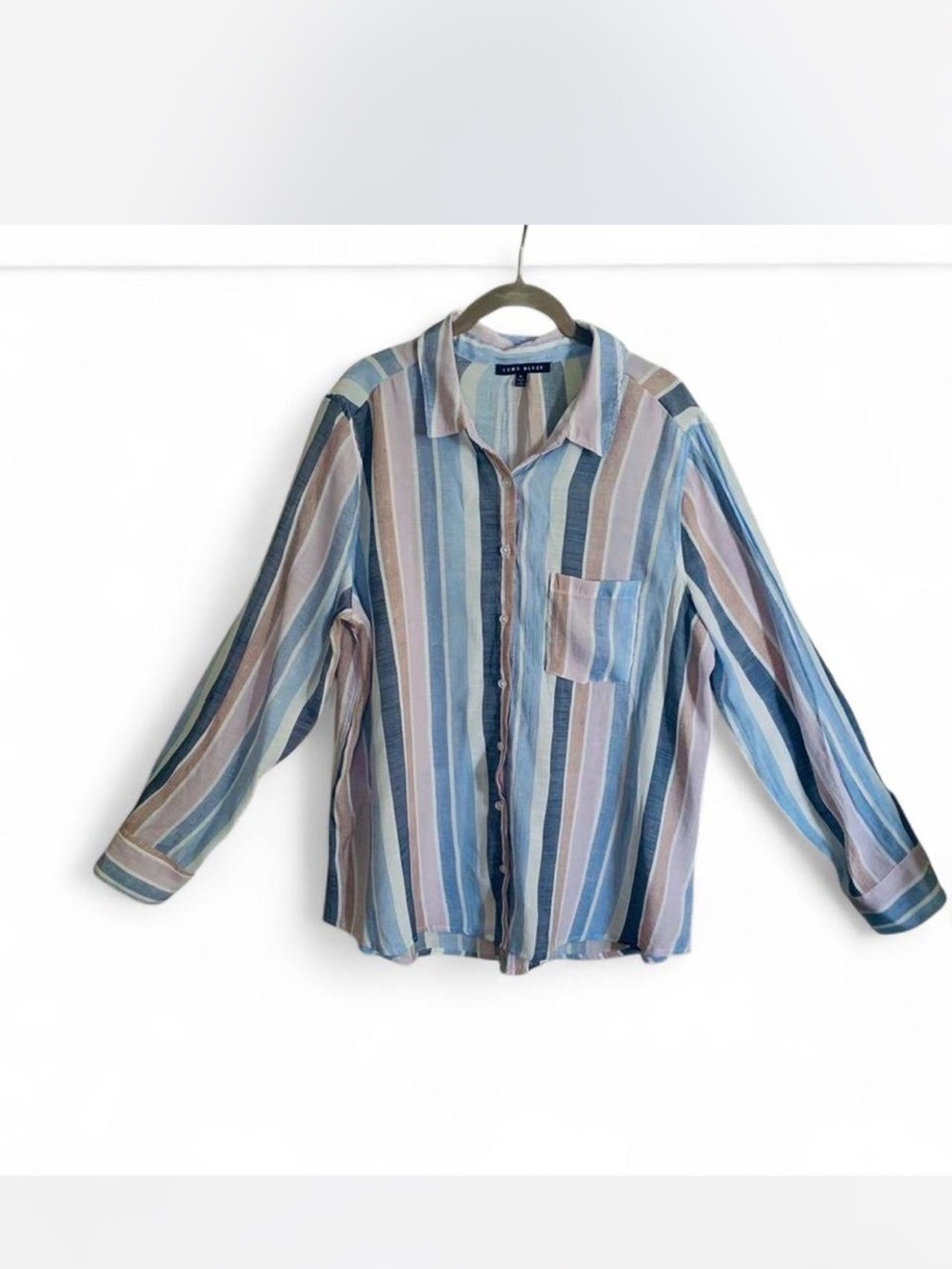 Semi-sheer Como Black Striped Button-Up tunic or coverup  Blue pink gray size XL